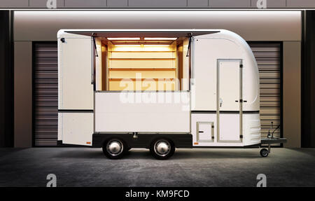 Camion alimentaire blanc sur la rue de ville la nuit Banque D'Images