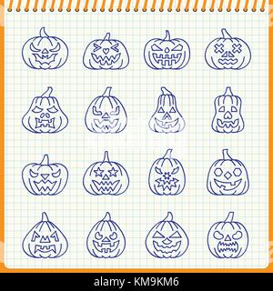 Face à la sculpture de citrouille Halloween icône ligne définie. Effet de plume manuscrite sur feuille à carreaux. Vector illustration style plat. Web, print, carte, bureau, ban Illustration de Vecteur