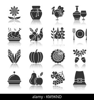 Thanksgiving Day journée silhouette noire avec réflexion icon set. Télévision monochrome symbole design collection. Citrouille, cornucopia, Turquie, légumes, maison de vacances Illustration de Vecteur