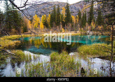 Un geyser lake à l'automne. La Russie, la République de l'Altaï. Banque D'Images