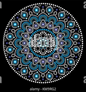 Mandala art vectoriel, Australian dot painting design blanc et bleu, style bohème folk art autochtone Illustration de Vecteur