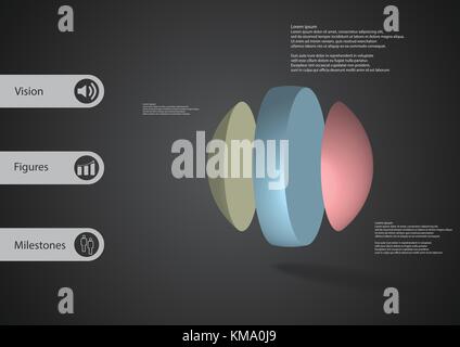 Illustration infographie 3d modèle avec motif de ball divisé verticalement en trois pièces couleur askew organisées avec simple signe et un exemple de texte sur sid Illustration de Vecteur