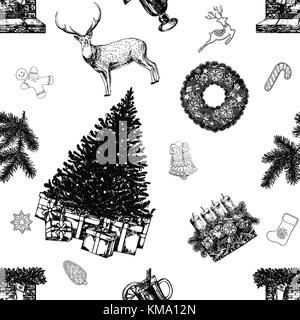 Motif de la main transparente style croquis sur le thème de noël et nouvel an objets et éléments. vector illustration isolé sur fond blanc. Illustration de Vecteur