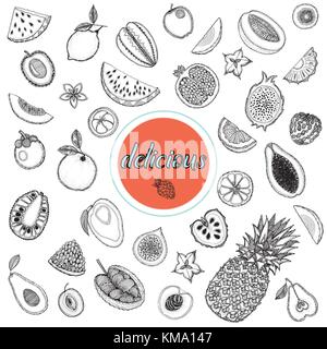 Jeu de croquis dessinés à la main des fruits. vector illustration isolé sur fond blanc. Illustration de Vecteur