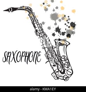 Style croquis dessinés à la main, saxophone. vector illustration isolé sur fond blanc. Illustration de Vecteur