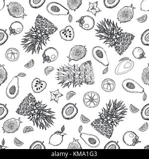 Motif de la main transparente style croquis fruits tropicaux. vector illustration. Illustration de Vecteur