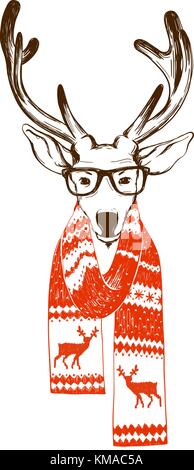 Portrait d'un renne de noël vêtu d'une écharpe d'hiver et lunettes de hipster. Illustration de Vecteur