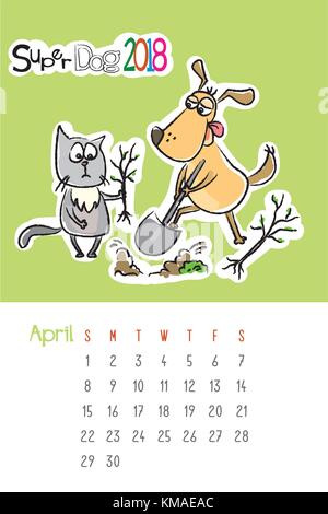 Calendrier 2018 avec mignon chien chat drôle et triste Illustration de Vecteur