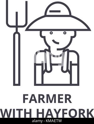 Agriculteur avec l'icône de la ligne de hayfork, contours signe, symbole, télévision linéaire vector illustration Illustration de Vecteur