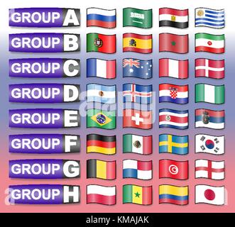 Drapeaux de pays dans les groupes de la coupe de football, en Russie. Illustration de Vecteur