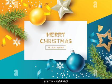 Composition de joyeux Noël avec des branches de sapin, des boules de noël et des flocons de neige sur un fond abstrait coloré. Illustration vectorielle de vue de dessus. Illustration de Vecteur