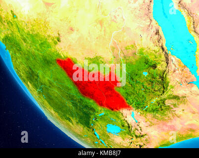 Le Soudan du Sud a mis en évidence en rouge sur la planète Terre. 3D illustration. Éléments de cette image fournie par la NASA. Banque D'Images