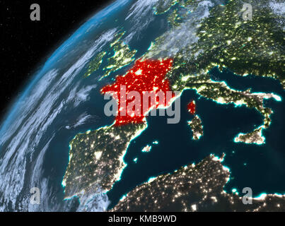 Illustration de la France vu depuis l'orbite de la terre dans la nuit. 3D illustration. Éléments de cette image fournie par la NASA. Banque D'Images