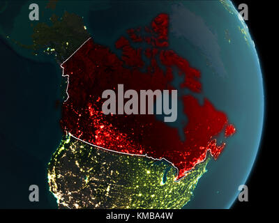 Carte du Canada en rouge vu de l'espace sur la planète Terre la nuit blanche avec des filets et les lumières de la ville. 3D illustration. Éléments de cette image é Banque D'Images