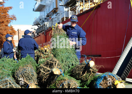 Un membre de l'équipage du garde-côte Mackinaw décharge l'un des 1,200 arbres de Noël sur Navy Pier à Chicago, le 2 décembre 2017. Le Mackinaw a de nouveau servi comme navire d'arbre de Noël en tant que gardes-côtes en partenariat avec la communauté maritime de Chicago pour la 18e année consécutive, réadoptant la tradition du navire d'arbre de Noël original qui a amené des arbres à Chicago depuis le nord du Michigan pour les familles nécessiteuses il y a plus de 100 ans. (É.-U. Garde-côtes Banque D'Images