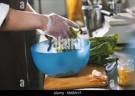 Male chef preparing salad in commercial Kitchen Banque D'Images