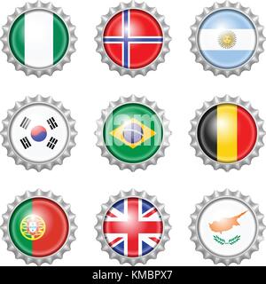Capsule de bouteille drapeaux nationaux sur fond blanc. Illustration de Vecteur