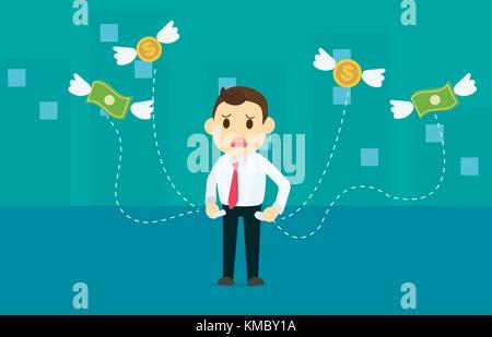 Businessman perdre de l'argent avec dollar et pièces en battant des ailes loin de sac avec fond ville vector illustration Illustration de Vecteur