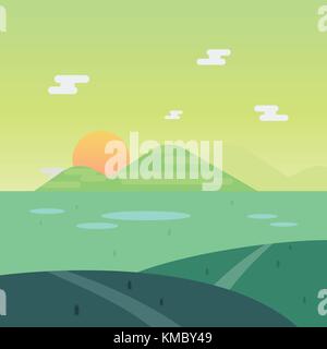 Nature Paysage en matin avec soleil et l'arrière-plan la montagne vector illustration Illustration de Vecteur