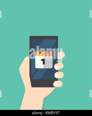 La main avec l'icône de calendrier sur téléphone mobile, illustration vectorielle, tenir la main de l'écran du téléphone intelligent avec application calendrier Illustration de Vecteur