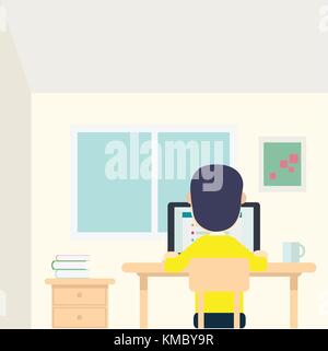 Jeune homme dans sa chambre de travail avec ordinateur portable et tasse sur la table. vector illustration Illustration de Vecteur