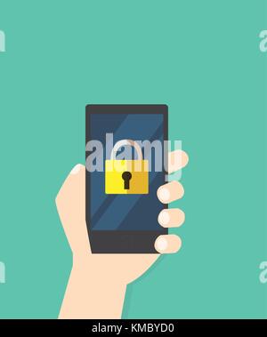 Icône de verrouillage sur téléphone mobile, illustration vectorielle, tenir la main de l'écran du téléphone intelligent avec application verrou jaune et enregistrer,concept de sécurité Illustration de Vecteur
