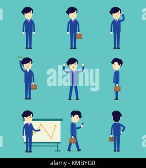 Smart business man cartoon character design avec suite bleue et brown bag ,Smartphone et conseil graphique dans de nombreuses poses, stand, appelé, présent, heureux Illustration de Vecteur