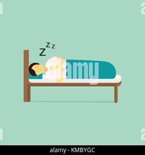 Télévision jeune homme porter costume nuit dormir avec oreiller et une couverture couverture sur lit de bois et de l'illustration vectorielle.sleep avec rappel d'inscription. Illustration de Vecteur