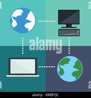 Télévision et connexion de l'ordinateur icônes planètes sur bloc de couleur carré Illustration de Vecteur