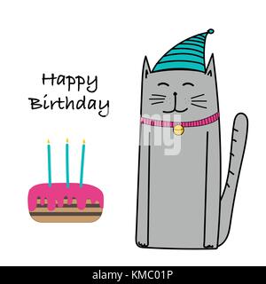 Joyeux anniversaire avec cat et gâteau carte. Illustration de Vecteur