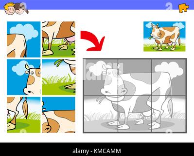 Cartoon illustration de l'activité pédagogique puzzle jeu pour les enfants avec des personnages vache trayeur Illustration de Vecteur