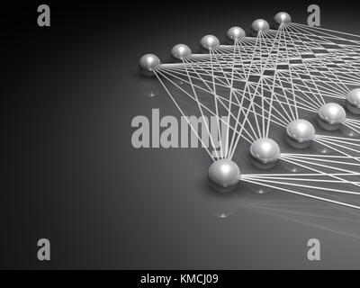 Réseau de neurones artificiels, fragment peu profonde illustration numérique schéma modèle métallique avec rendu 3D, Banque D'Images