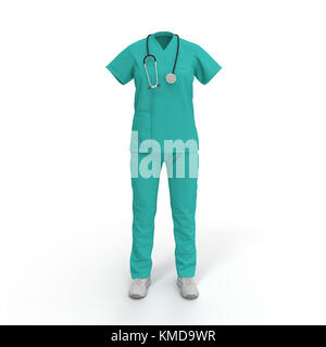 Médecin vert uniforme avec stéthoscope isolé sur blanc. 3d illustration Banque D'Images