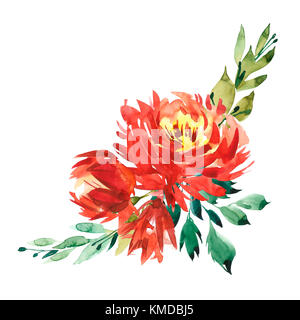 Aquarelle fleurs illustration. un bouquet d'une grande pivoine rouge et petites fleurs de couleurs vives. aquarelle composition horizontale. Banque D'Images