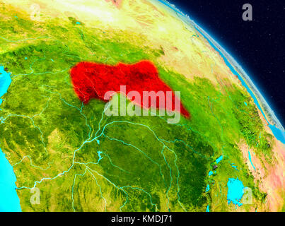 Vue spatiale de l'Afrique centrale surlignée en rouge sur la planète Terre. Illustration 3D. Éléments de cette image fournis par la NASA. Banque D'Images