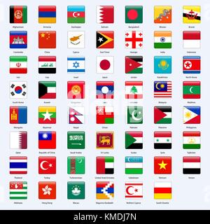 Tous les drapeaux des pays de l'Asie. square style brillant. Illustration de Vecteur