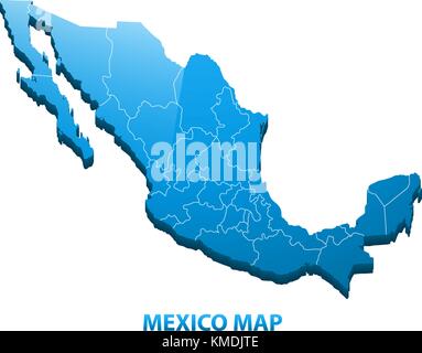 Carte tridimensionnelle très détaillées du Mexique avec les régions border Illustration de Vecteur