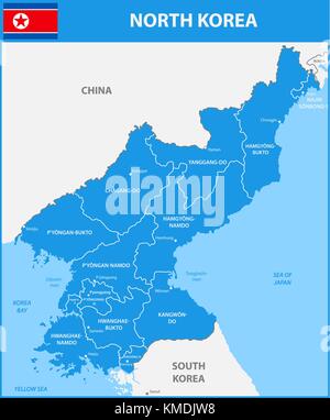 La carte détaillée de la Corée du Nord avec les régions ou États et villes, capitale. comprenait une partie de la Chine, Russie, Corée du Sud Illustration de Vecteur