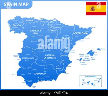 La carte détaillée de l'Espagne avec les régions ou États et villes, capitales, drapeau national Illustration de Vecteur