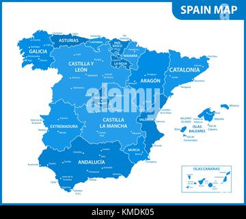 La carte détaillée de l'Espagne avec les régions ou États et villes, capitales Illustration de Vecteur