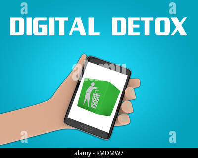 Illustration 3D d'une poubelle sur l'écran d'un téléphone cellulr tenu à la main, isolé sur dégradé bleu, avec l'écriture 'DIGITAL DETOX' sur le backgrou Banque D'Images