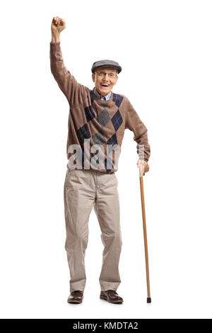 Portrait d'un senior avec une canne gesturing bonheur isolé sur fond blanc Banque D'Images