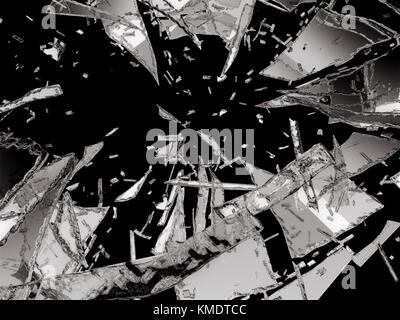 Brisé et endommagé des morceaux de verre isolé sur fond noir Banque D'Images