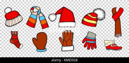 Patch coloré de badges différents attributs. joyeux noël et heureuse année ensemble d'autocollants, broches, magnets in cartoon style comique. Le père noël mitte Illustration de Vecteur