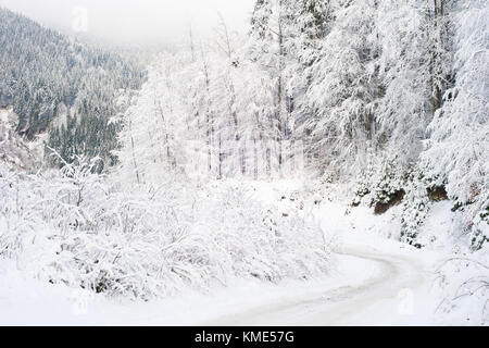 Route d'hiver gelé dans les Carpates couvertes de neige Banque D'Images