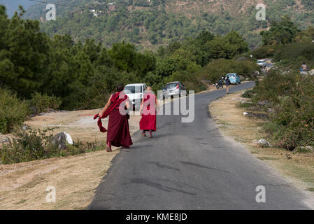 Deux moines marchant le long de la route dans une zone rurale sur le chemin de leur monastère. Banque D'Images