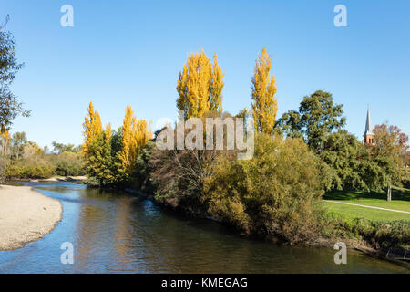 Vue sur la rivière Tumut et les peupliers d'or rayonnant à l'église anglicane All Saints à Tumut dans les montagnes enneigées de la Nouvelle Galles du Sud. Banque D'Images