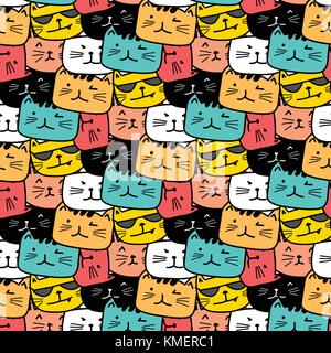 Cute cat hand drawn vector pattern. Illustration de Vecteur