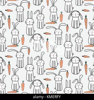Modèle vectoriel avec lapins mignon dessiné à la main et les carottes. Illustration de Vecteur