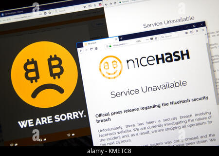Montréal, Canada - le 7 décembre 2017 : violation de la sécurité communiqué de presse Nicehash sur home page web. NiceHash est un crypto-marché minier qui relie sel Banque D'Images